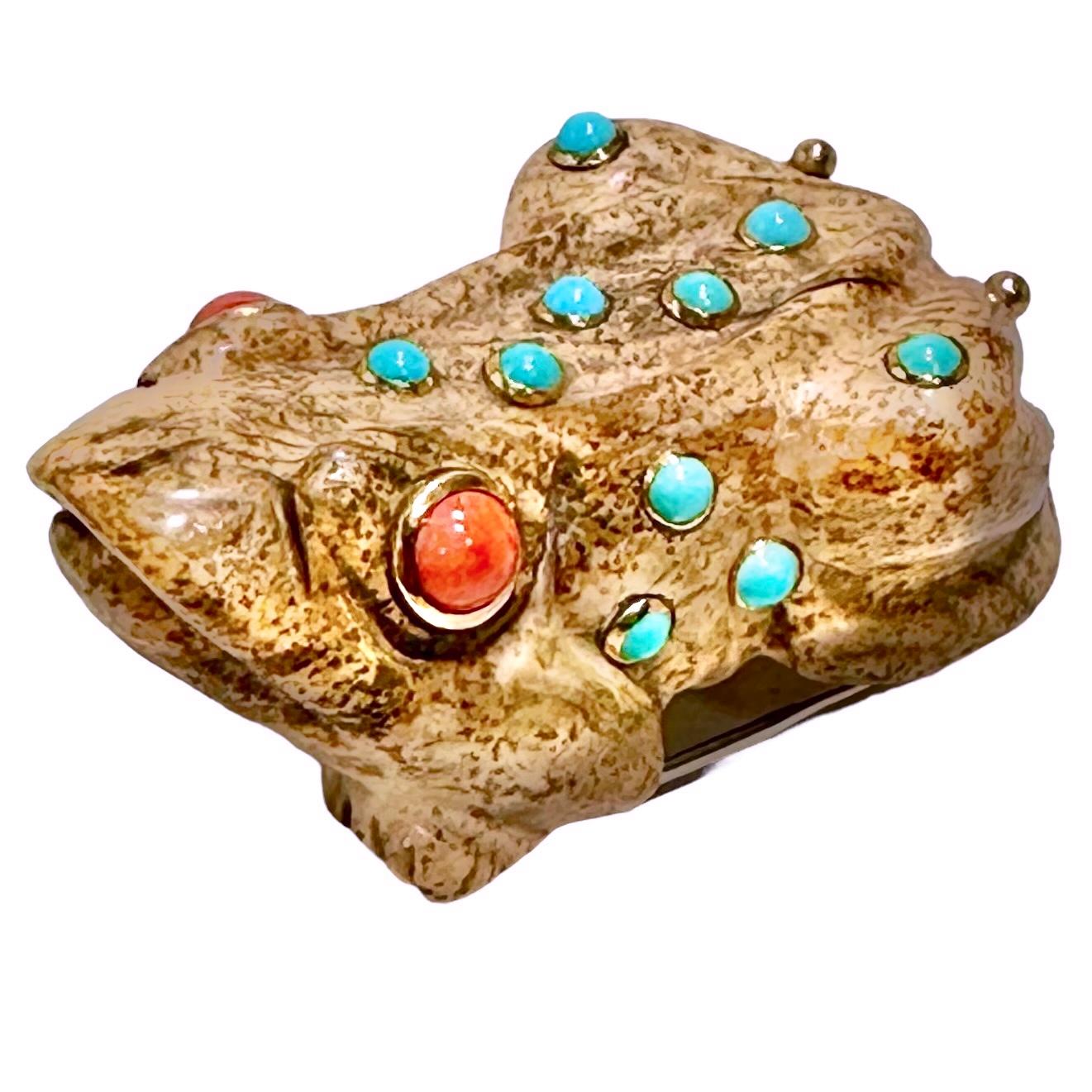 Carved Jasper Frog Brooch with Coral Eyes & Turquoise Accents in 18K Gold Bezels 1