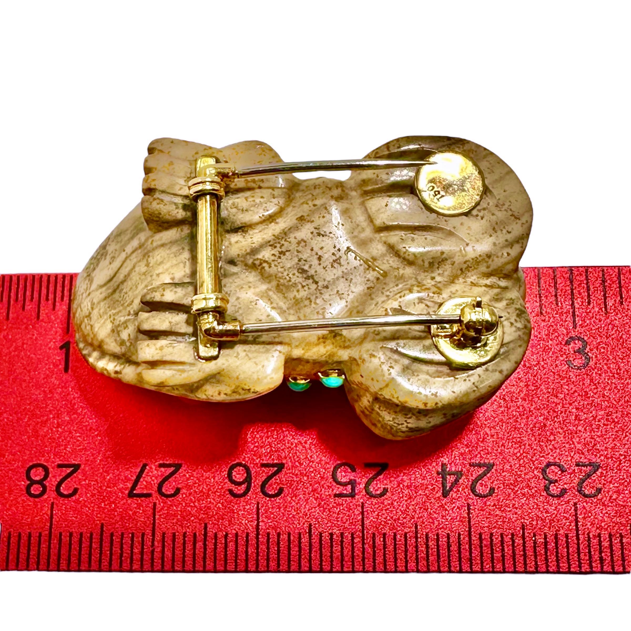 Carved Jasper Frog Brooch with Coral Eyes & Turquoise Accents in 18K Gold Bezels 3
