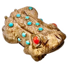 Carved Jasper Frog Brooch with Coral Eyes & Turquoise Accents in 18K Gold Bezels