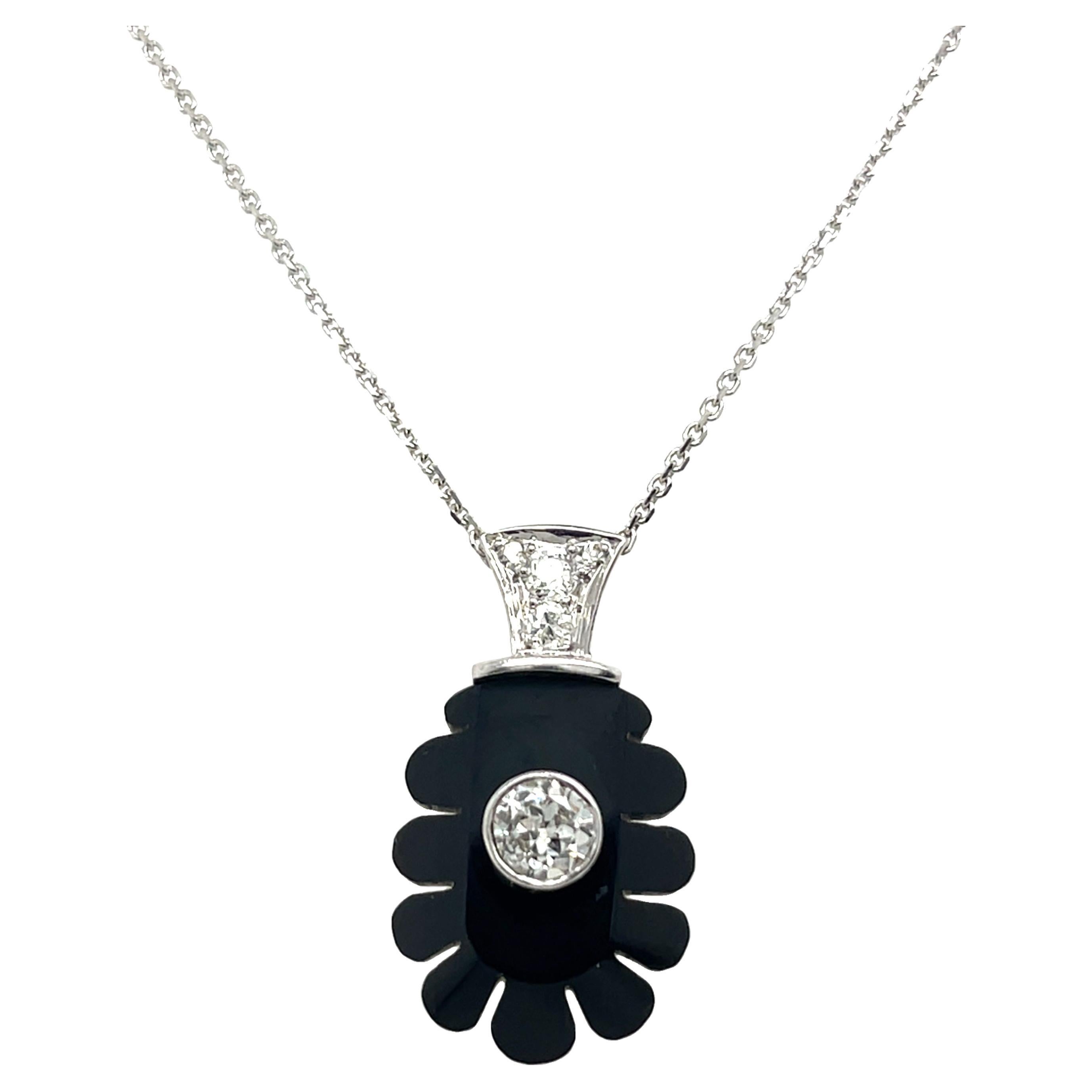 Carved Jet Pendant Set with 0.30ct Diamond in 18ct White Gold with Chain