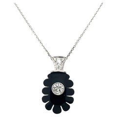 Carved Jet Pendant Set with 0.30ct Diamond in 18ct White Gold with Chain