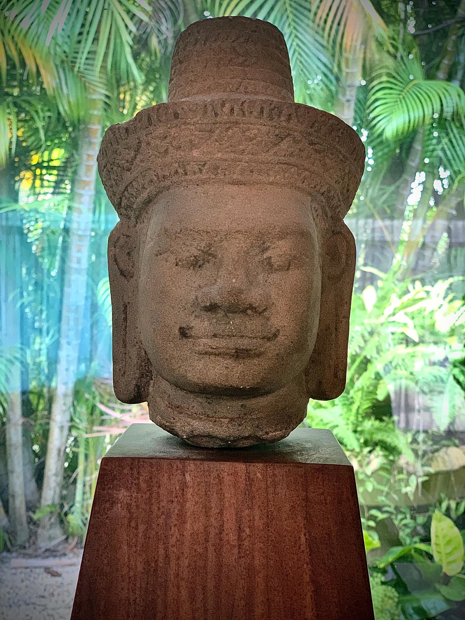 Archaistic Carved Khmer Stone Head of a Male Deity, Cambodia