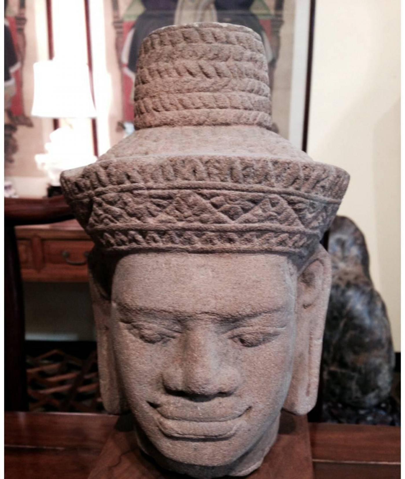 Cambodian Carved Khmer Stone Head of a Male Deity, Cambodia