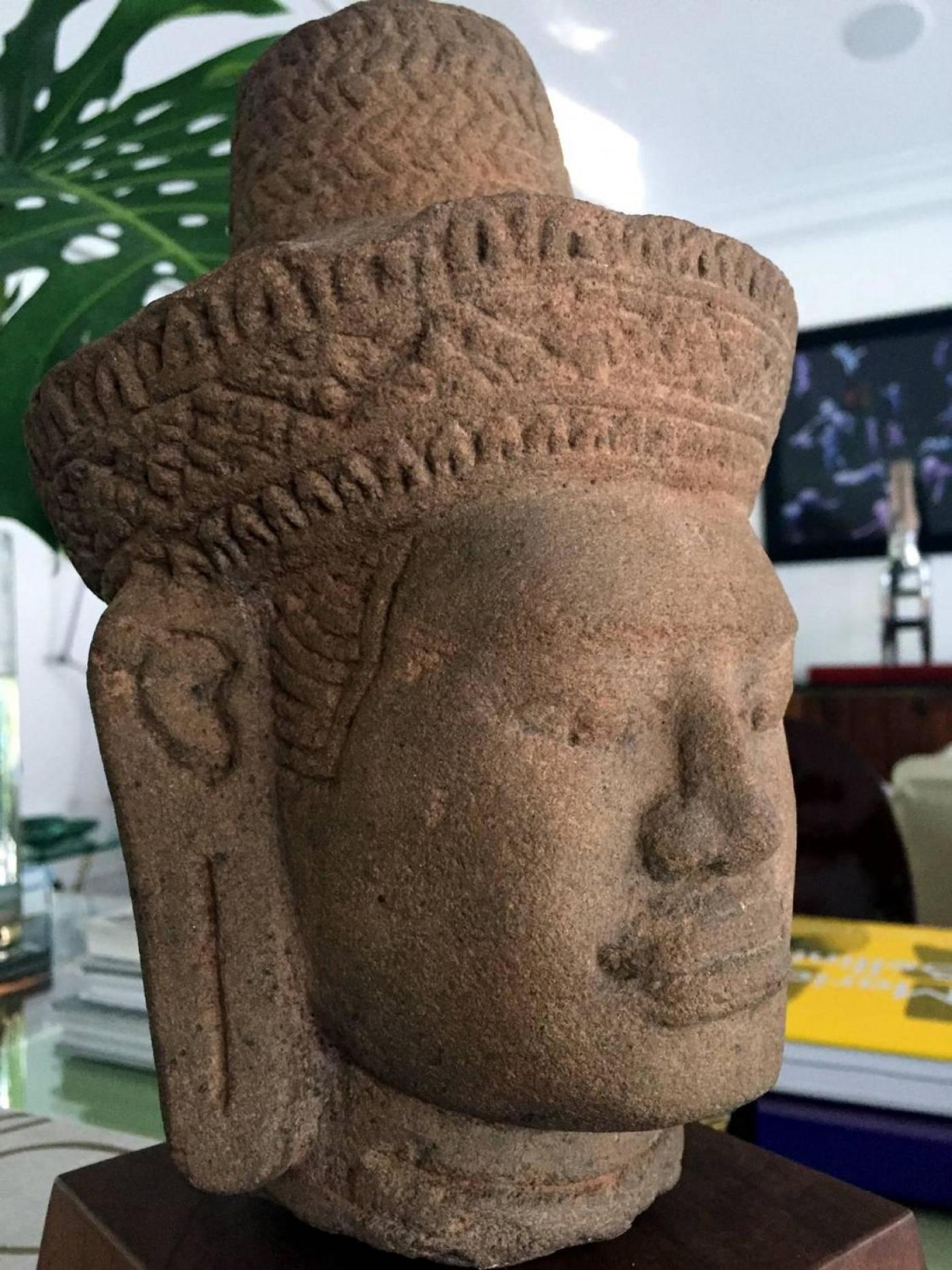 Carved Khmer Stone Head of a Male Deity, Cambodia In Good Condition In Atlanta, GA