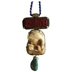 Carved Lacquer Amazonite Gold Goose Antique Netsuke Pendant