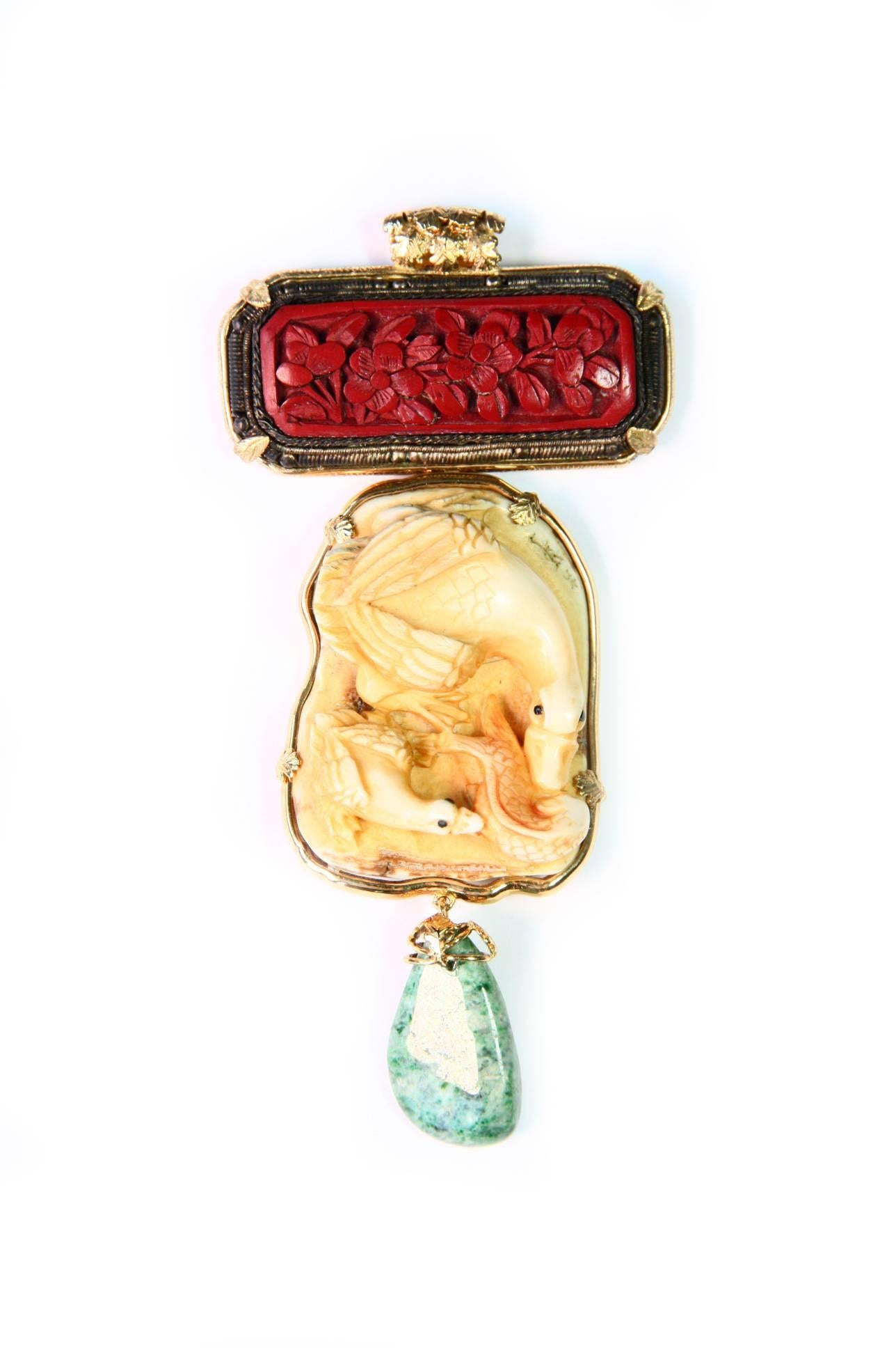 Artisan Carved Lacquer Amazonite Gold Goose Netsuke Pendant For Sale