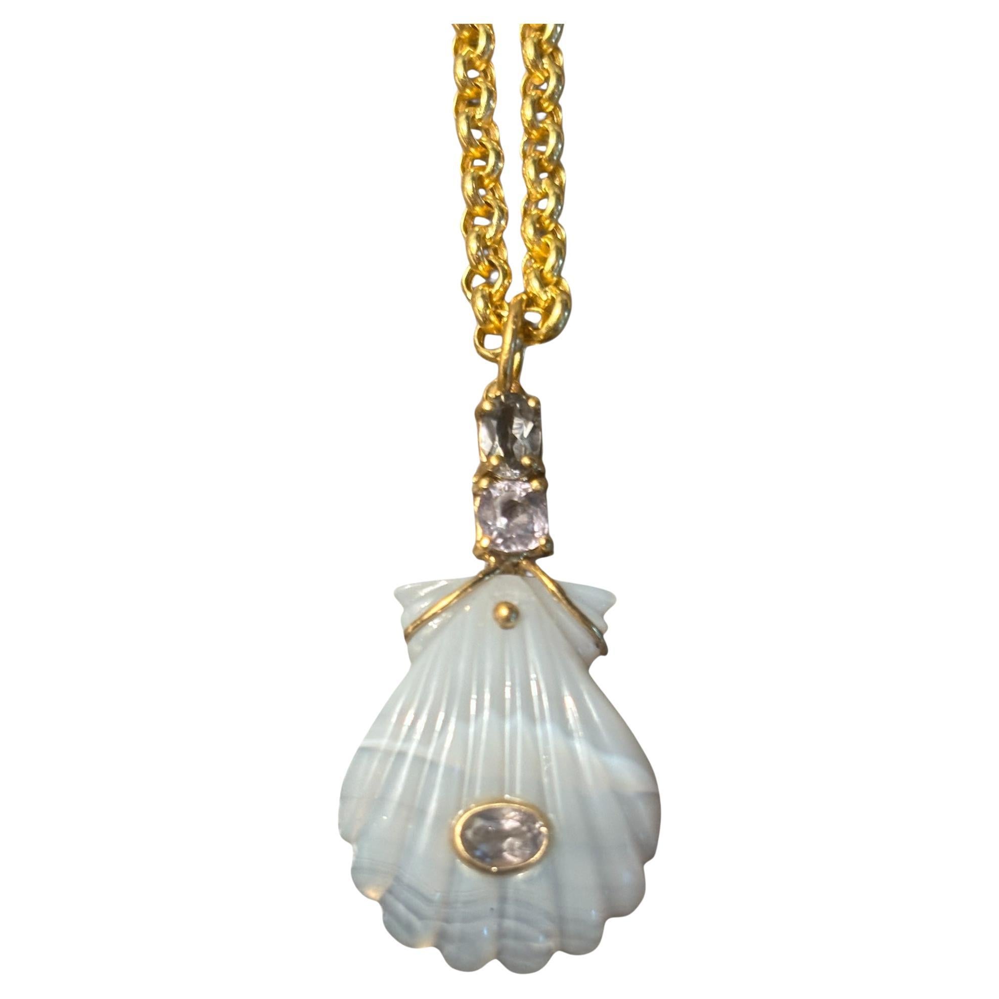 Carved Laguna Agate Shell Pendant with three Spinel & 14k Gold