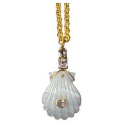 Carved Laguna Agate Shell Pendant with three Spinel & 14k Gold