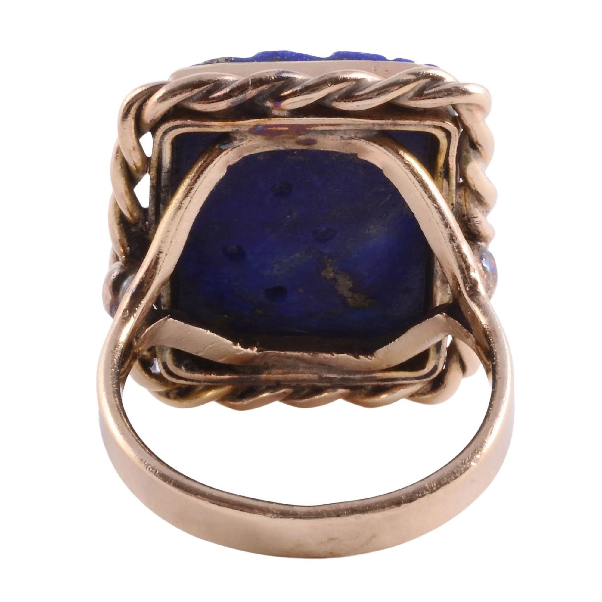 Emerald Cut Carved Lapis 14KY Ring For Sale