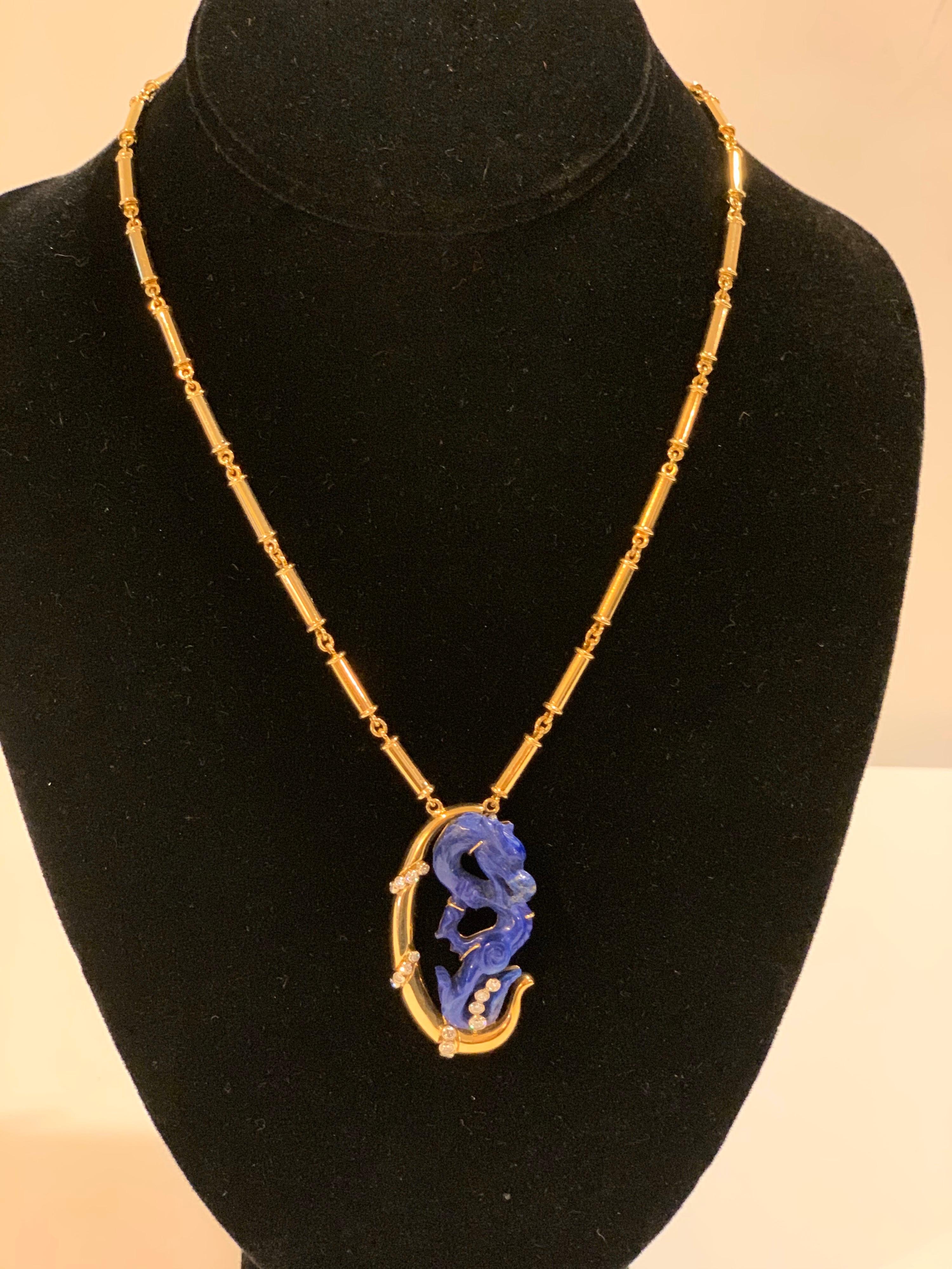 Carved Lapis Dragon in 18k Gold 28.6 Dwt Handcrafted Diamond Pendant and chain 2