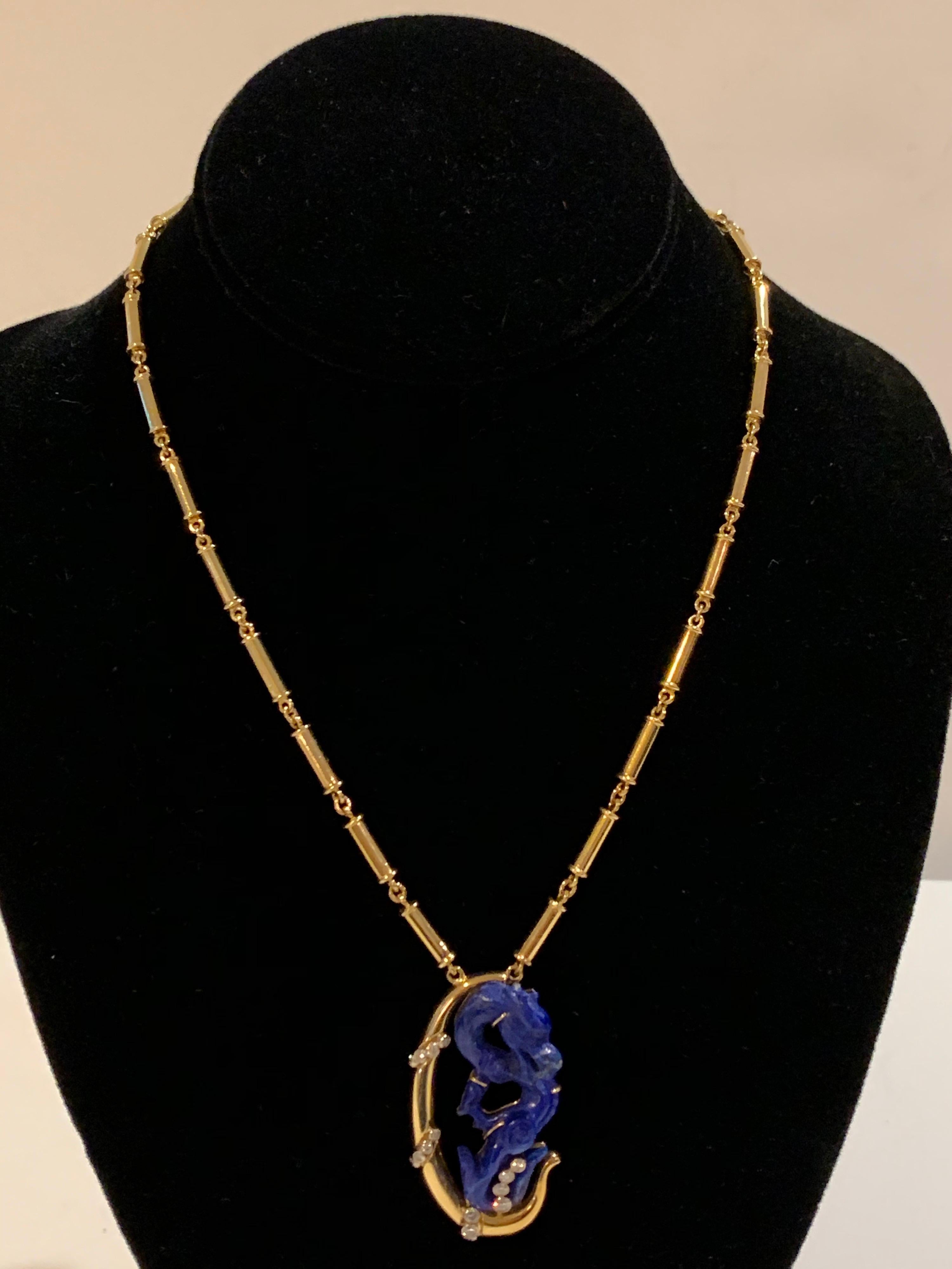 Carved Lapis Dragon in 18k Gold 28.6 Dwt Handcrafted Diamond Pendant and chain 3