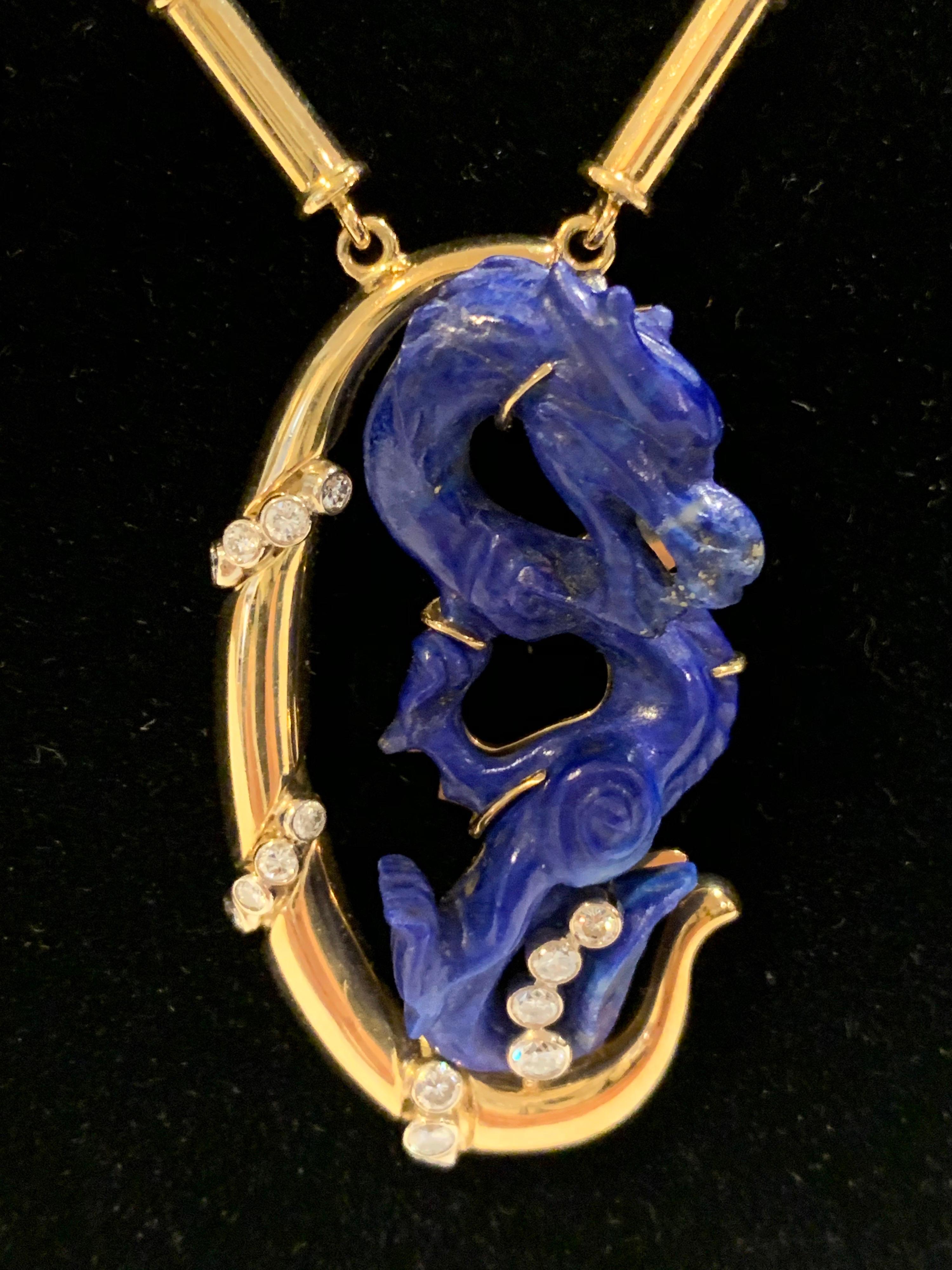 20th Century Carved Lapis Dragon in 18k Gold 28.6 Dwt Handcrafted Diamond Pendant and chain