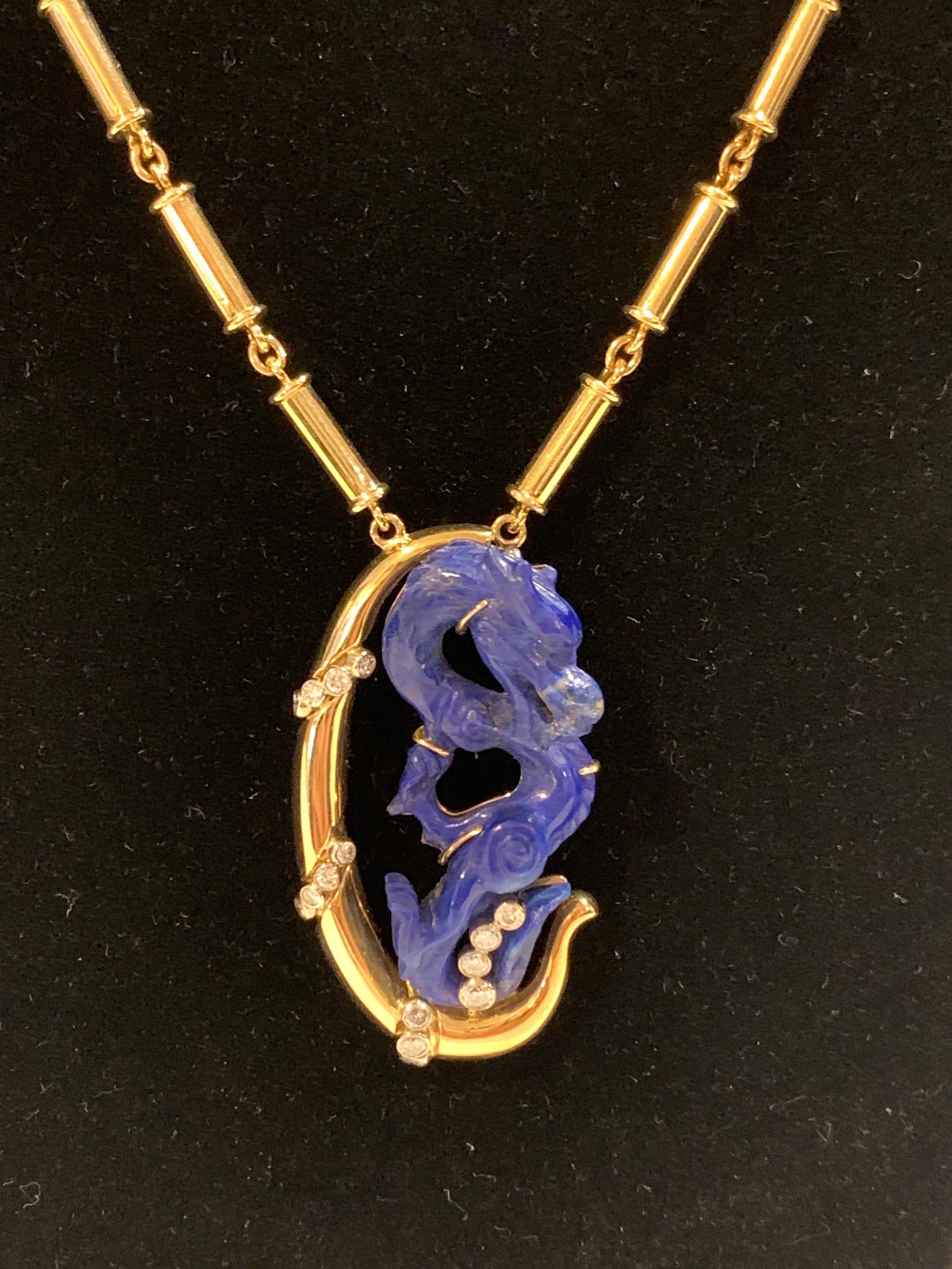 Carved Lapis Dragon in 18k Gold 28.6 Dwt Handcrafted Diamond Pendant and chain 1