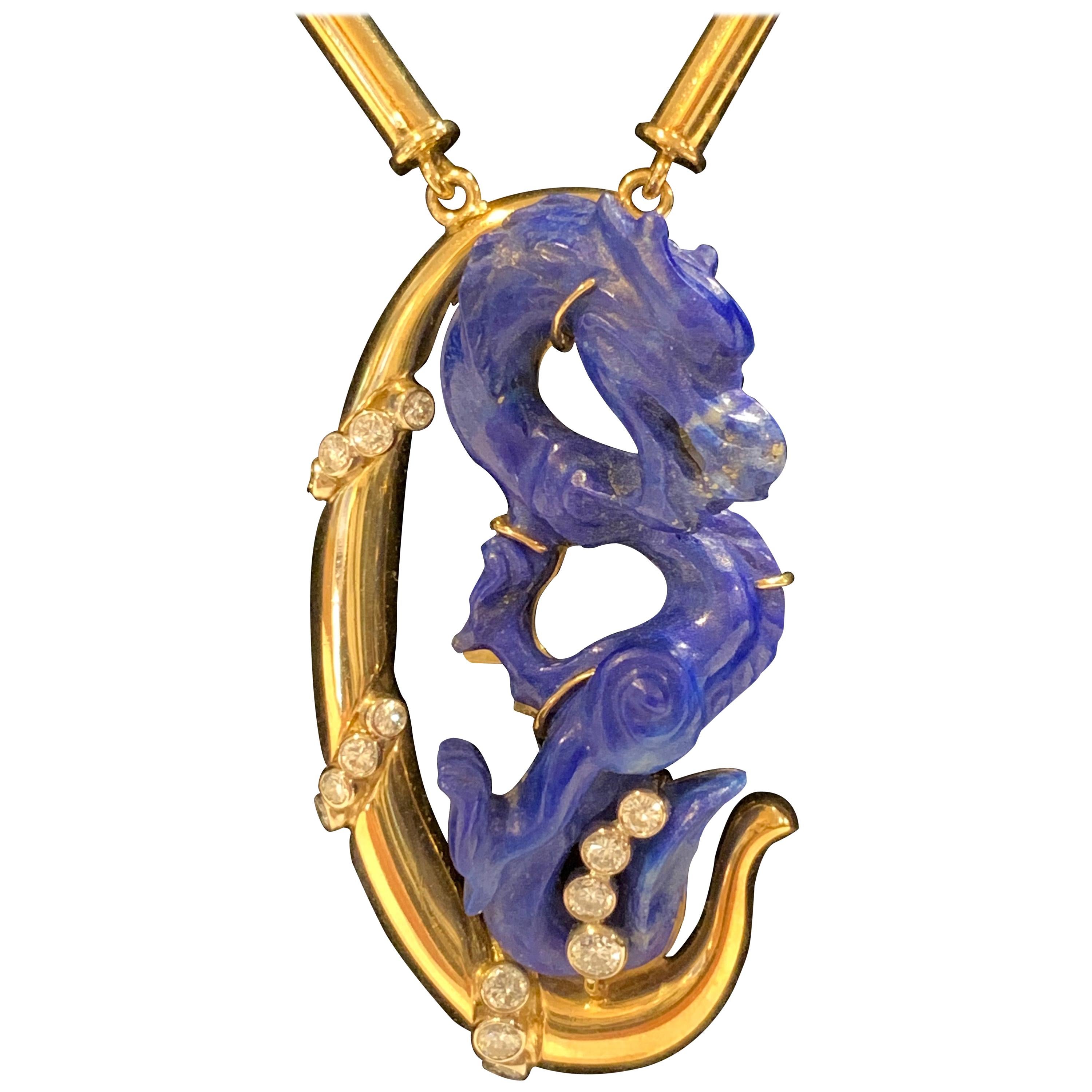 Carved Lapis Dragon in 18k Gold 28.6 Dwt Handcrafted Diamond Pendant and chain