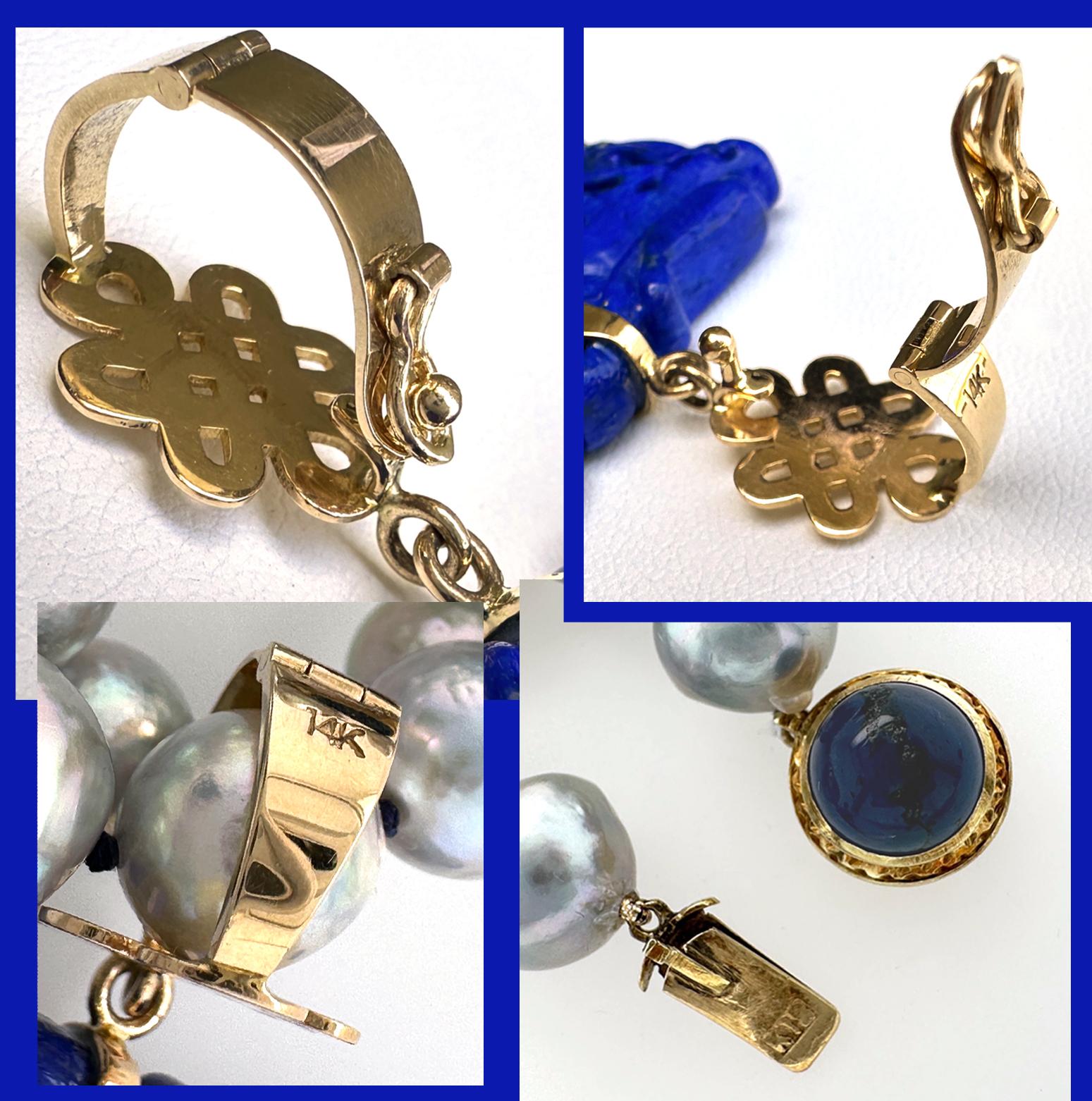 Ciondolo con drago di Lapis intagliato e collana di perle Akoya barocche da 9 mm in argento e blu da 18