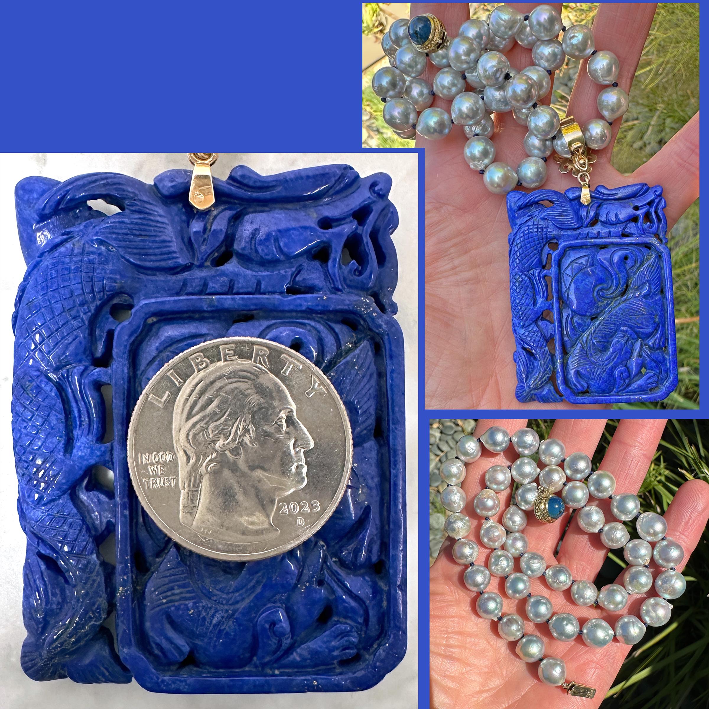 Ciondolo con drago di Lapis intagliato e collana di perle Akoya barocche da 9 mm in argento e blu da 18