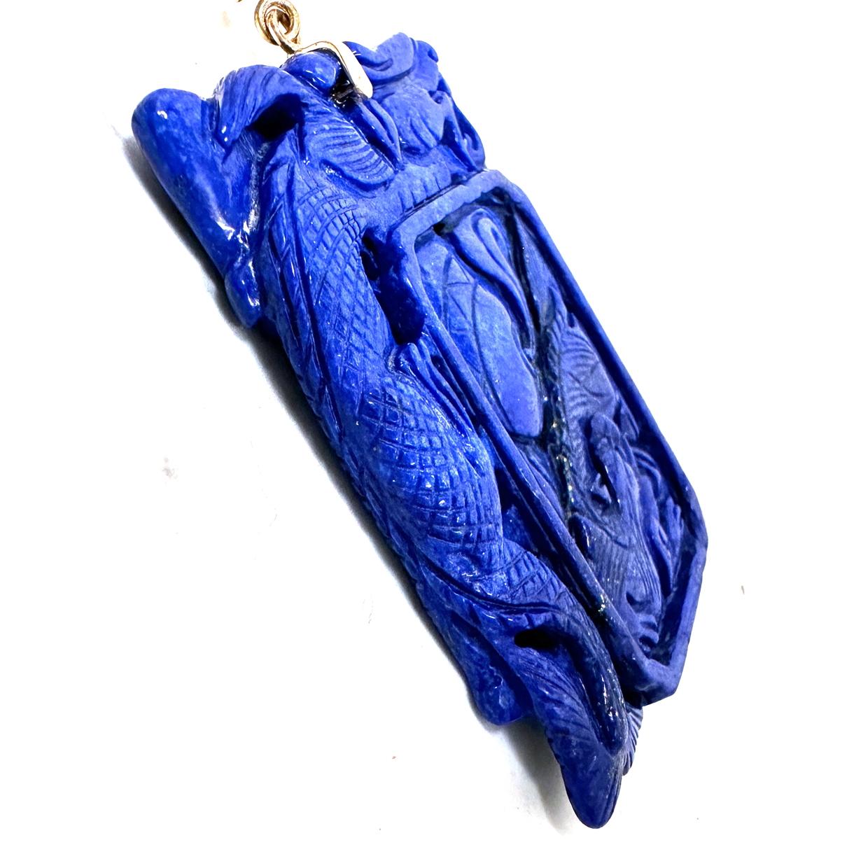 Ciondolo con drago di Lapis intagliato e collana di perle Akoya barocche da 9 mm in argento e blu da 18
