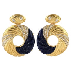 Carved Lapis Ethnic Style Earrings with Diamonds Made in 18k Gold