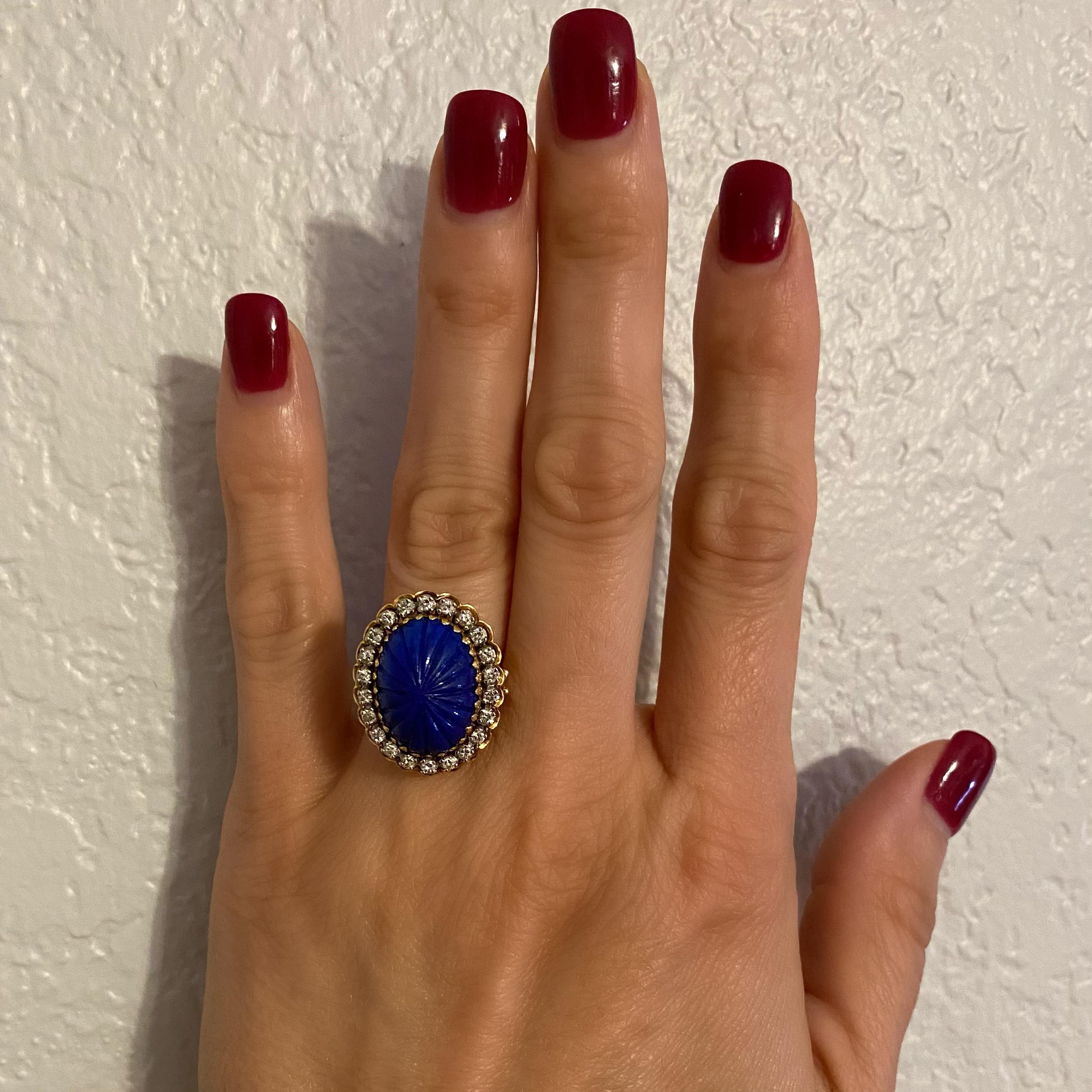 Women's Carved Lapis Lazuli and Diamond Cocktail 18 Karat Gold Ring Estate Fine Jewelry
