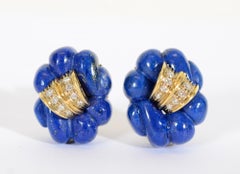 Carved Lapis Lazuli and Diamond Gold Earrings