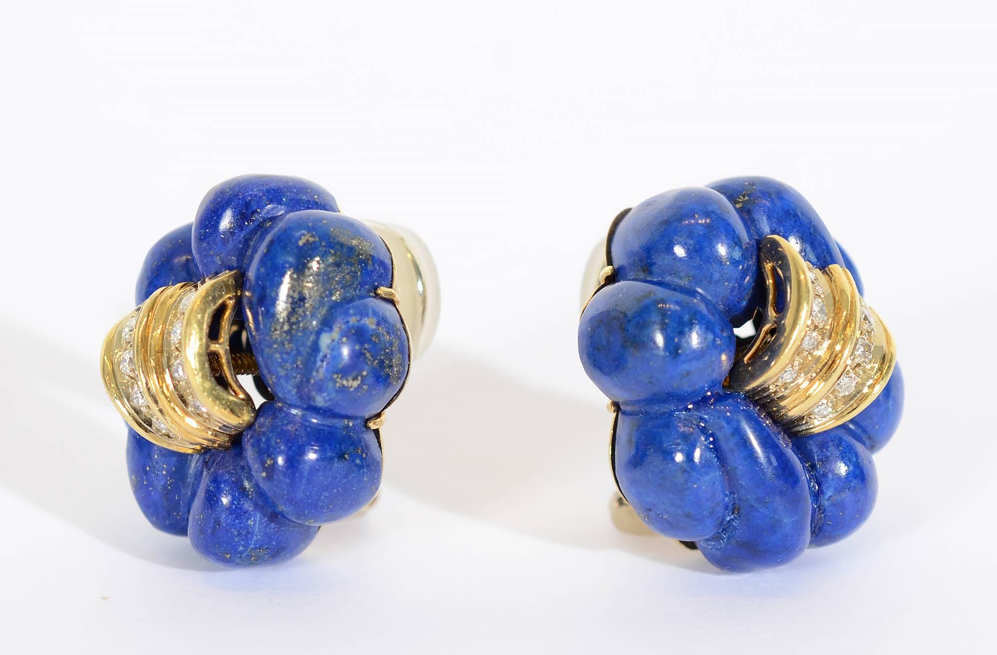 Cushion Cut Carved Lapis Lazuli and Diamond Gold Earrings For Sale