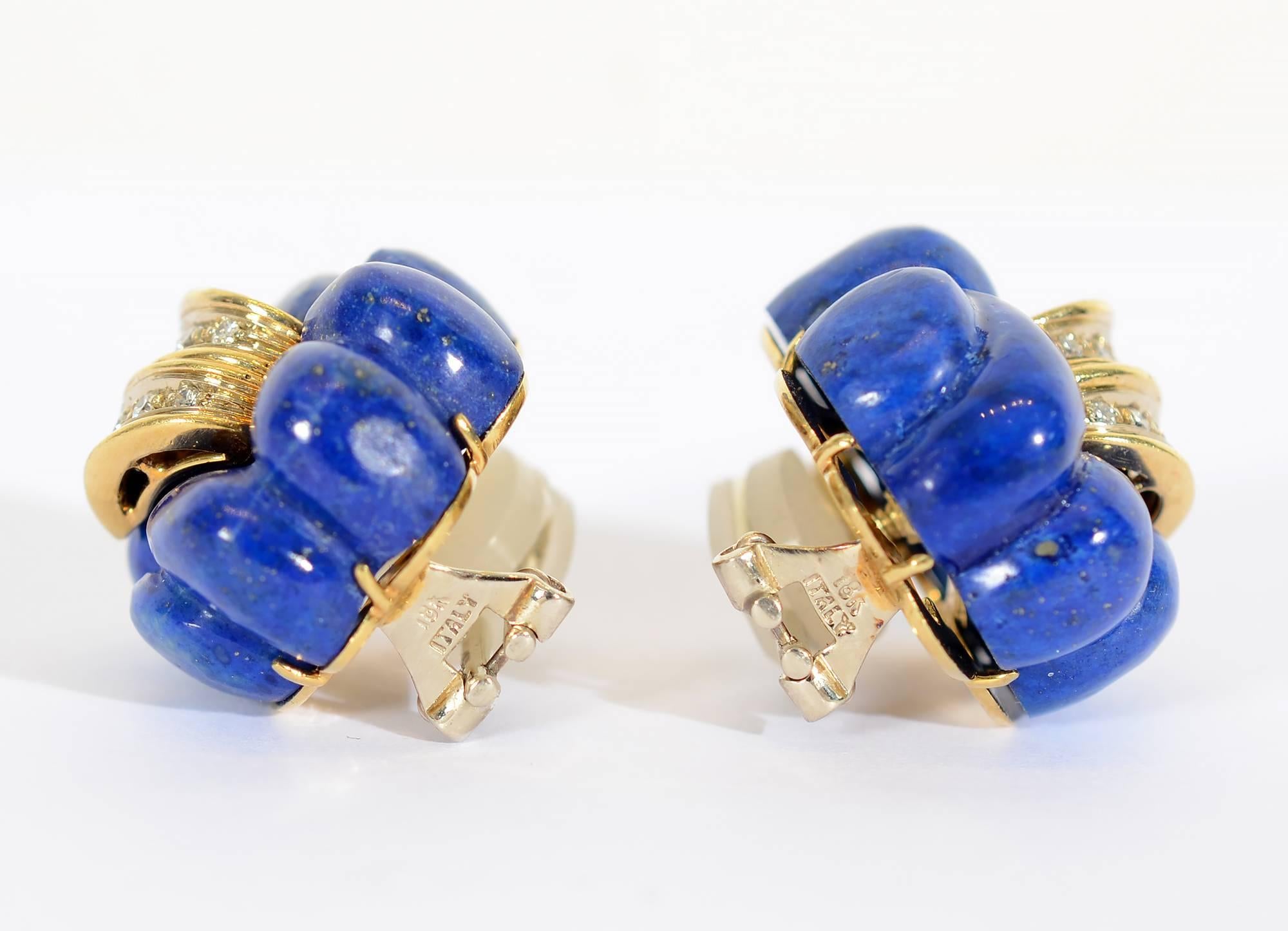 Carved Lapis Lazuli and Diamond Gold Earrings In Excellent Condition For Sale In Darnestown, MD