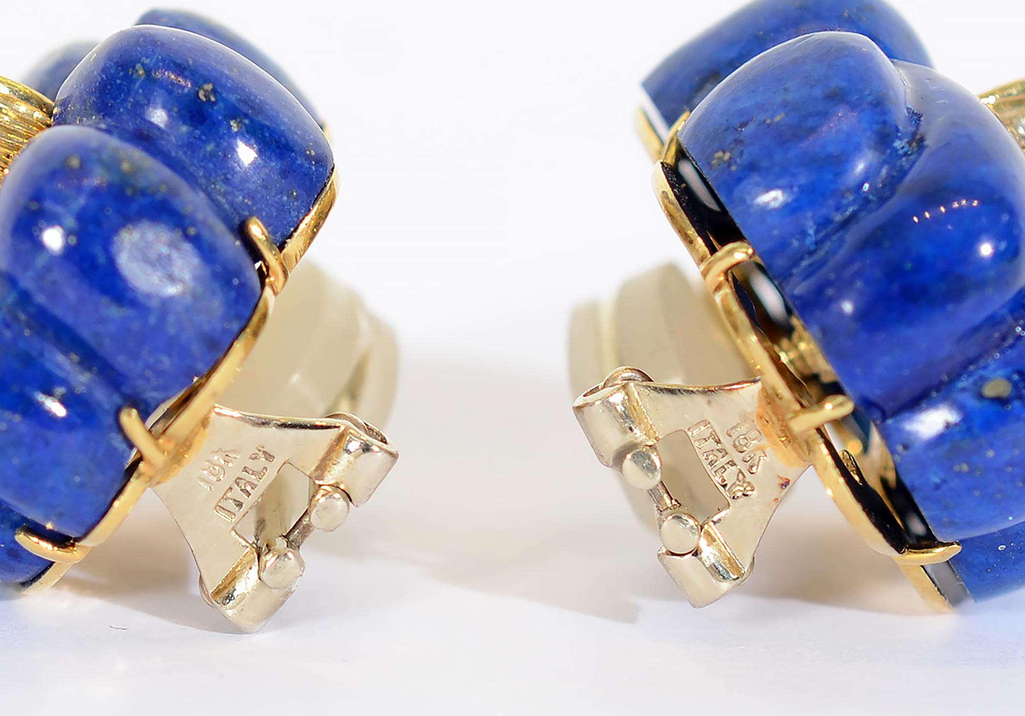 Women's Carved Lapis Lazuli and Diamond Gold Earrings For Sale