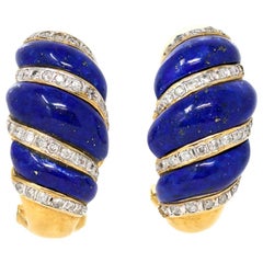 Carved Lapis Lazuli and Diamonds Swirl Clip-On Earrings in 14 Karat, circa 1970