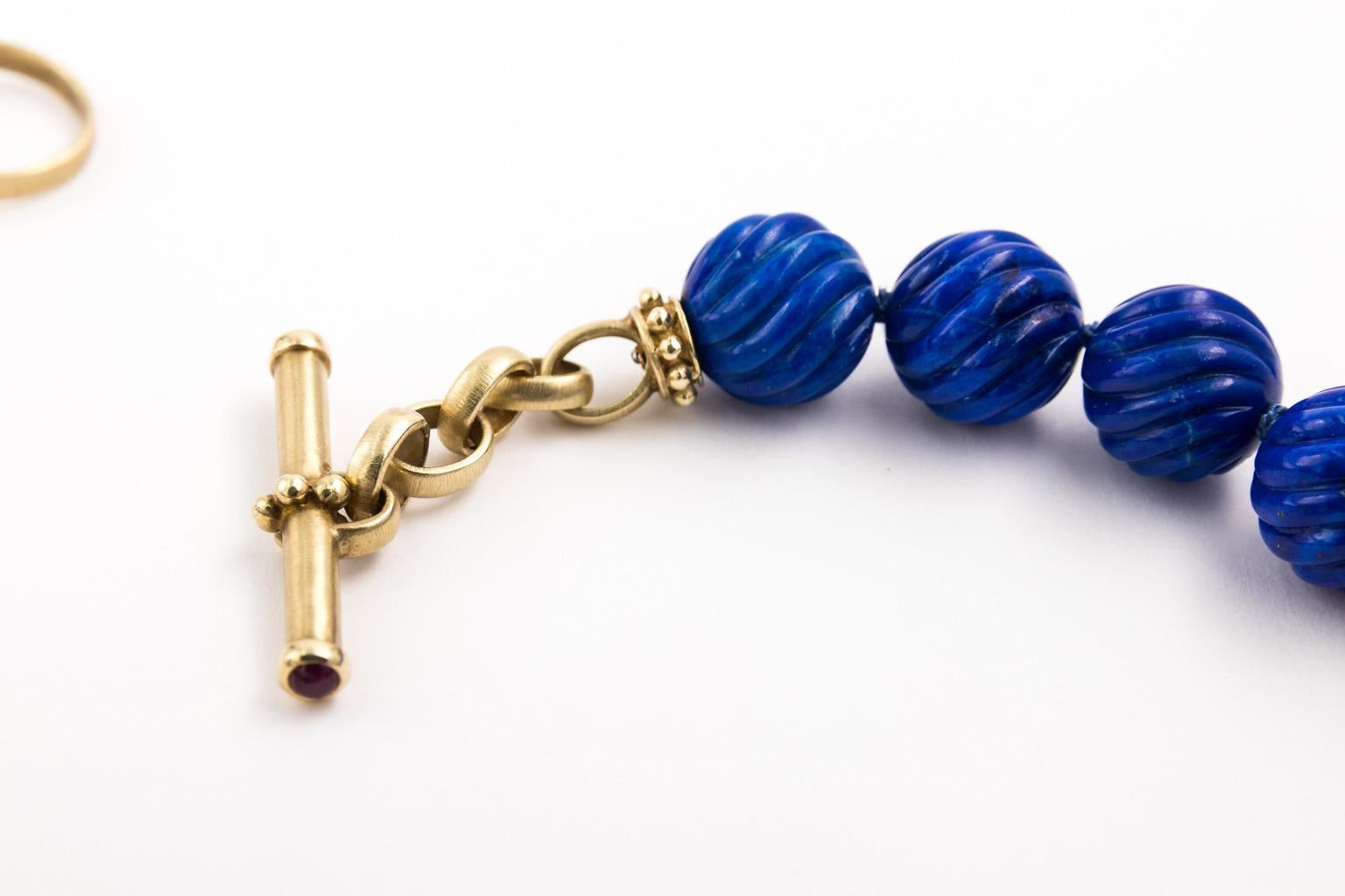 Carved Lapis Lazuli Beads Designer 14 Karat Yellow Gold Toggle Necklace For Sale 3