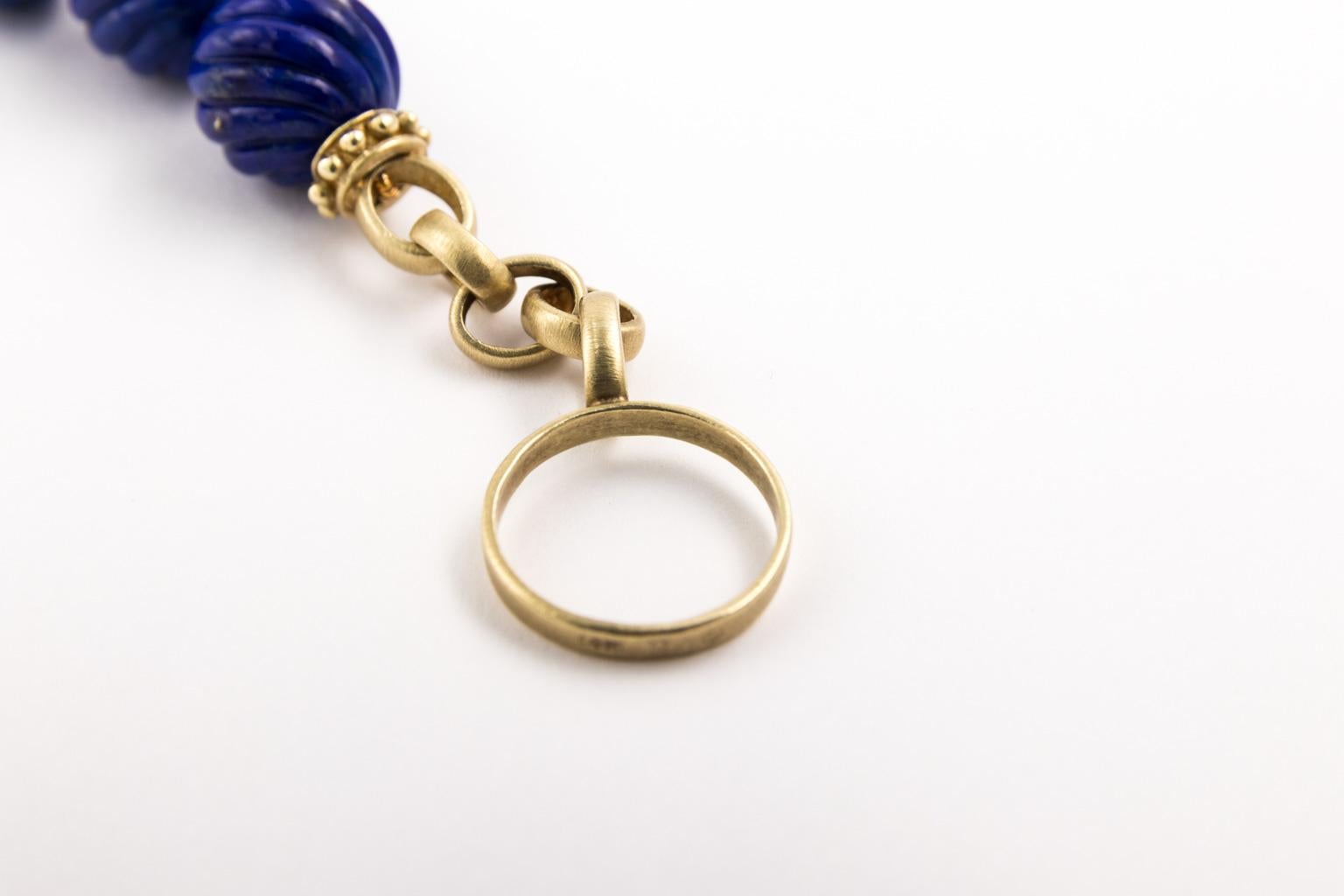 Carved Lapis Lazuli Beads Designer 14 Karat Yellow Gold Toggle Necklace For Sale 4