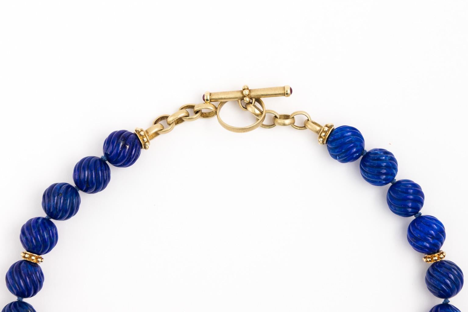 Carved Lapis Lazuli Beads Designer 14 Karat Yellow Gold Toggle Necklace For Sale 6