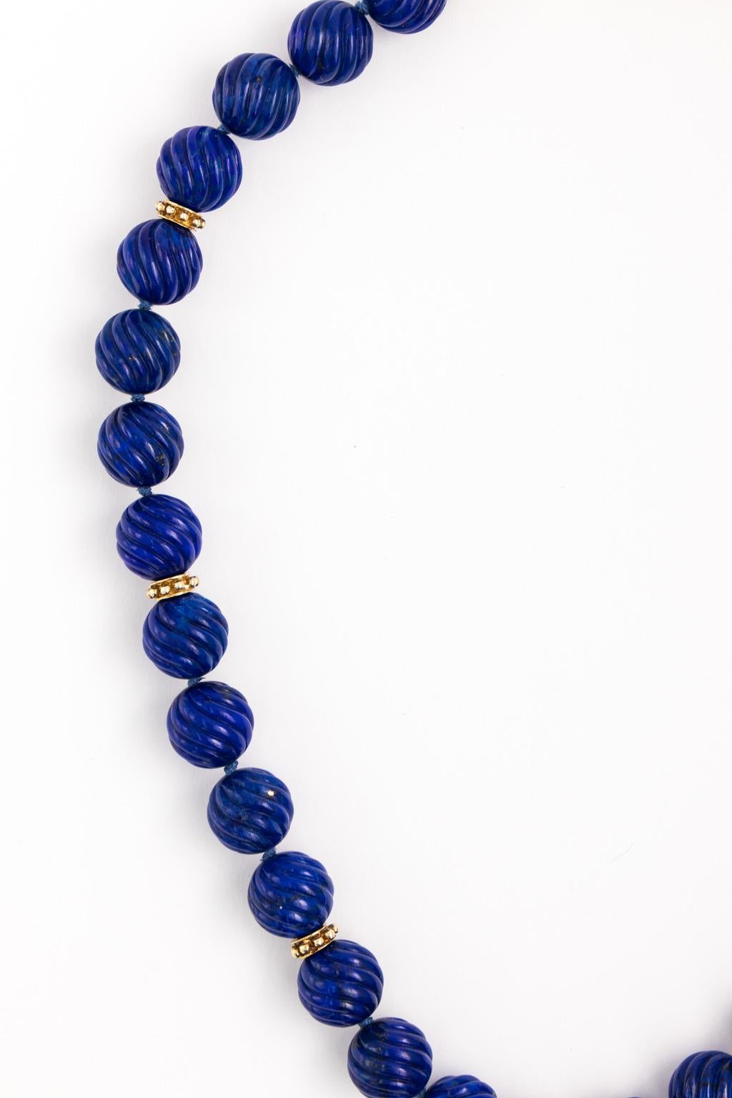 Carved Lapis Lazuli Beads Designer 14 Karat Yellow Gold Toggle Necklace For Sale 7