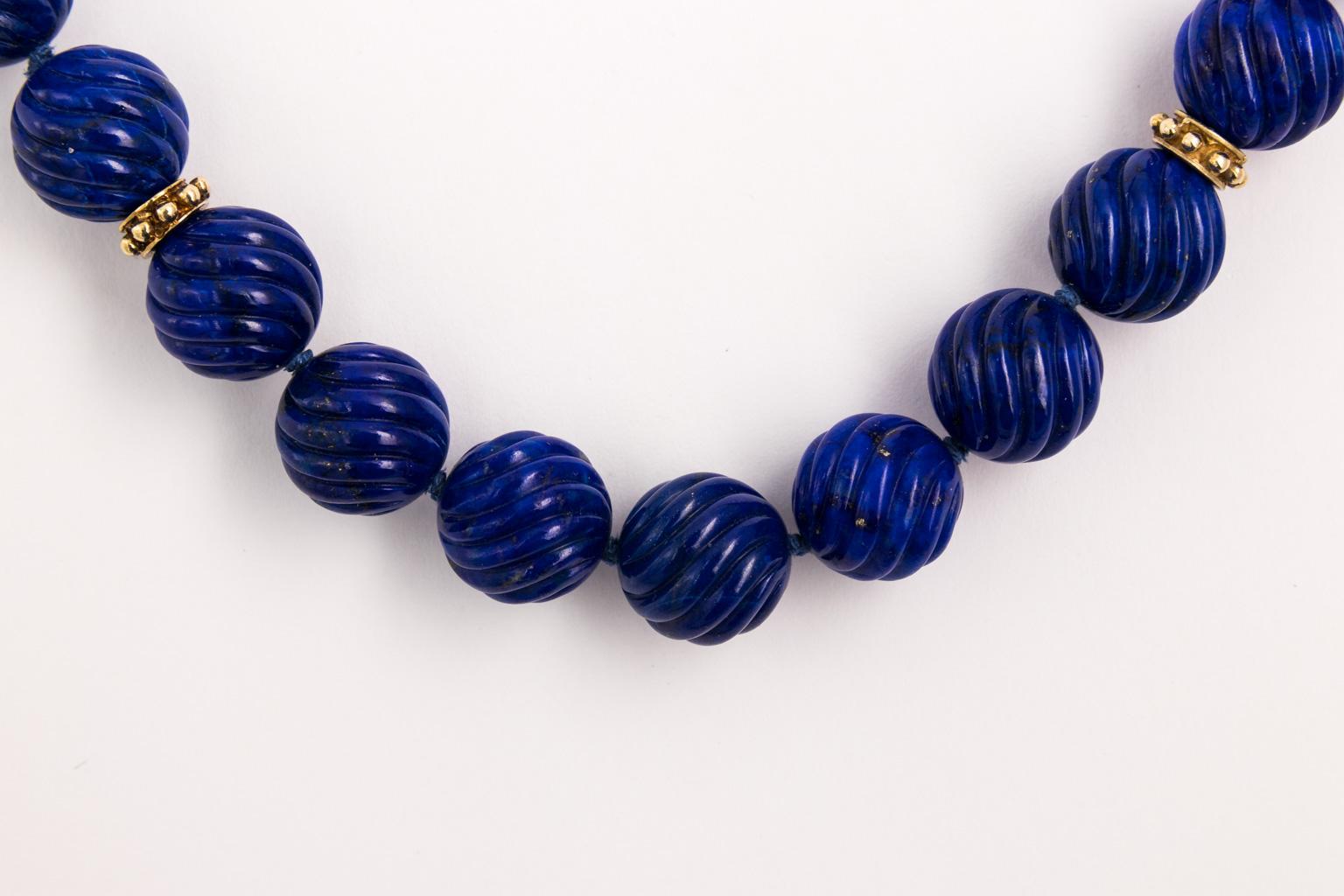 Contemporary Carved Lapis Lazuli Beads Designer 14 Karat Yellow Gold Toggle Necklace For Sale