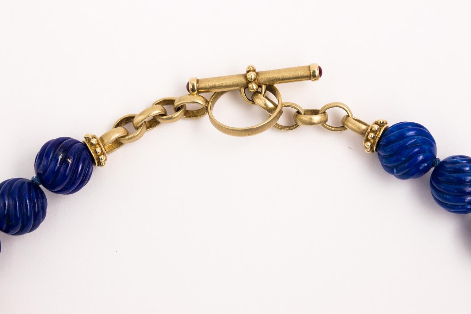 Carved Lapis Lazuli Beads Designer 14 Karat Yellow Gold Toggle Necklace In Good Condition For Sale In St.amford, CT