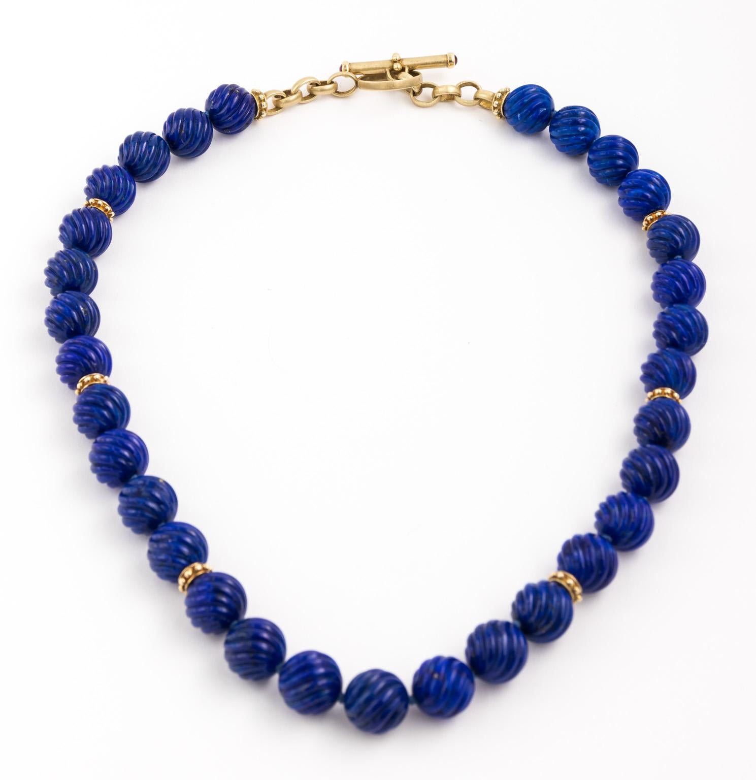 Women's Carved Lapis Lazuli Beads Designer 14 Karat Yellow Gold Toggle Necklace For Sale