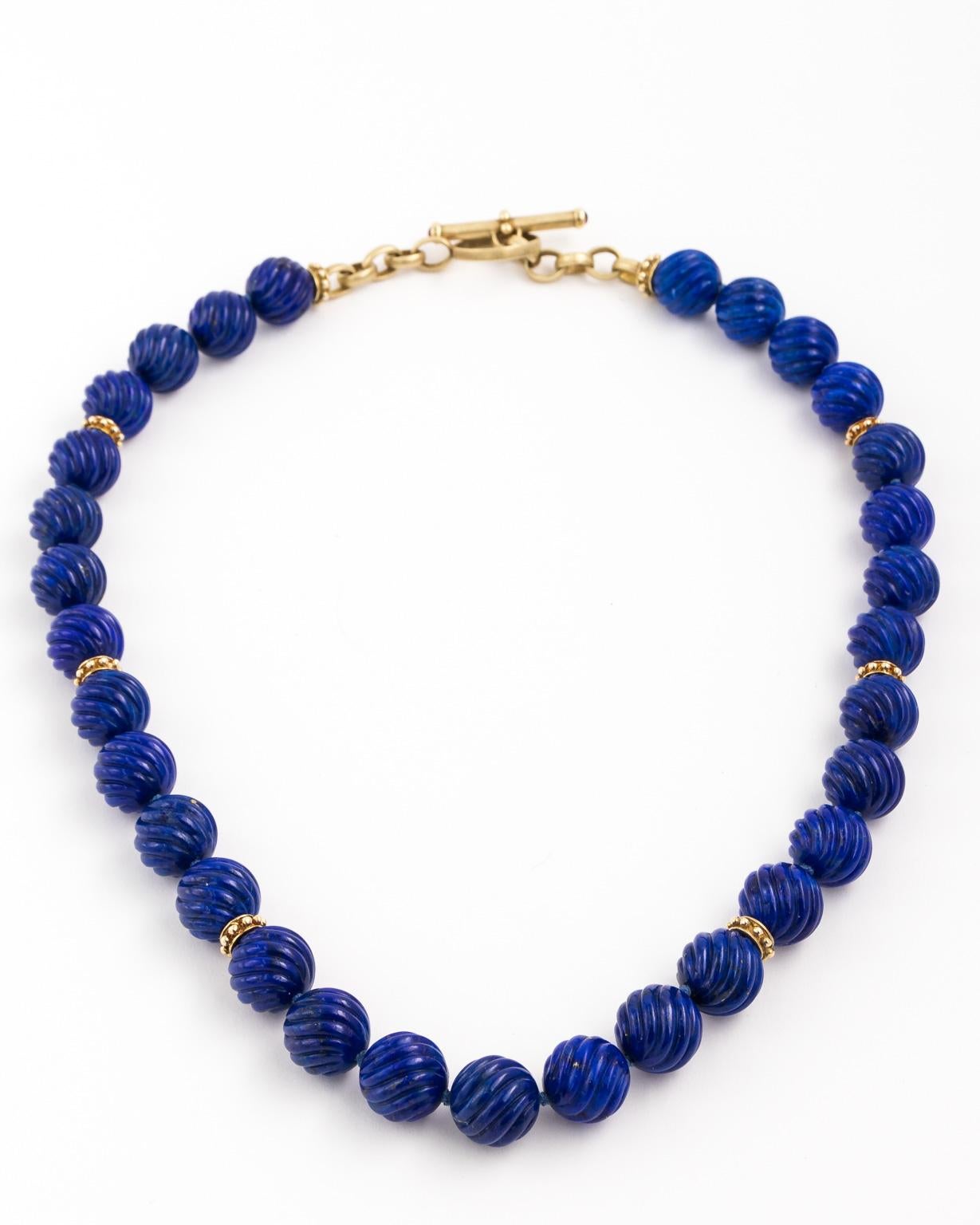 Carved Lapis Lazuli Beads Designer 14 Karat Yellow Gold Toggle Necklace For Sale 1