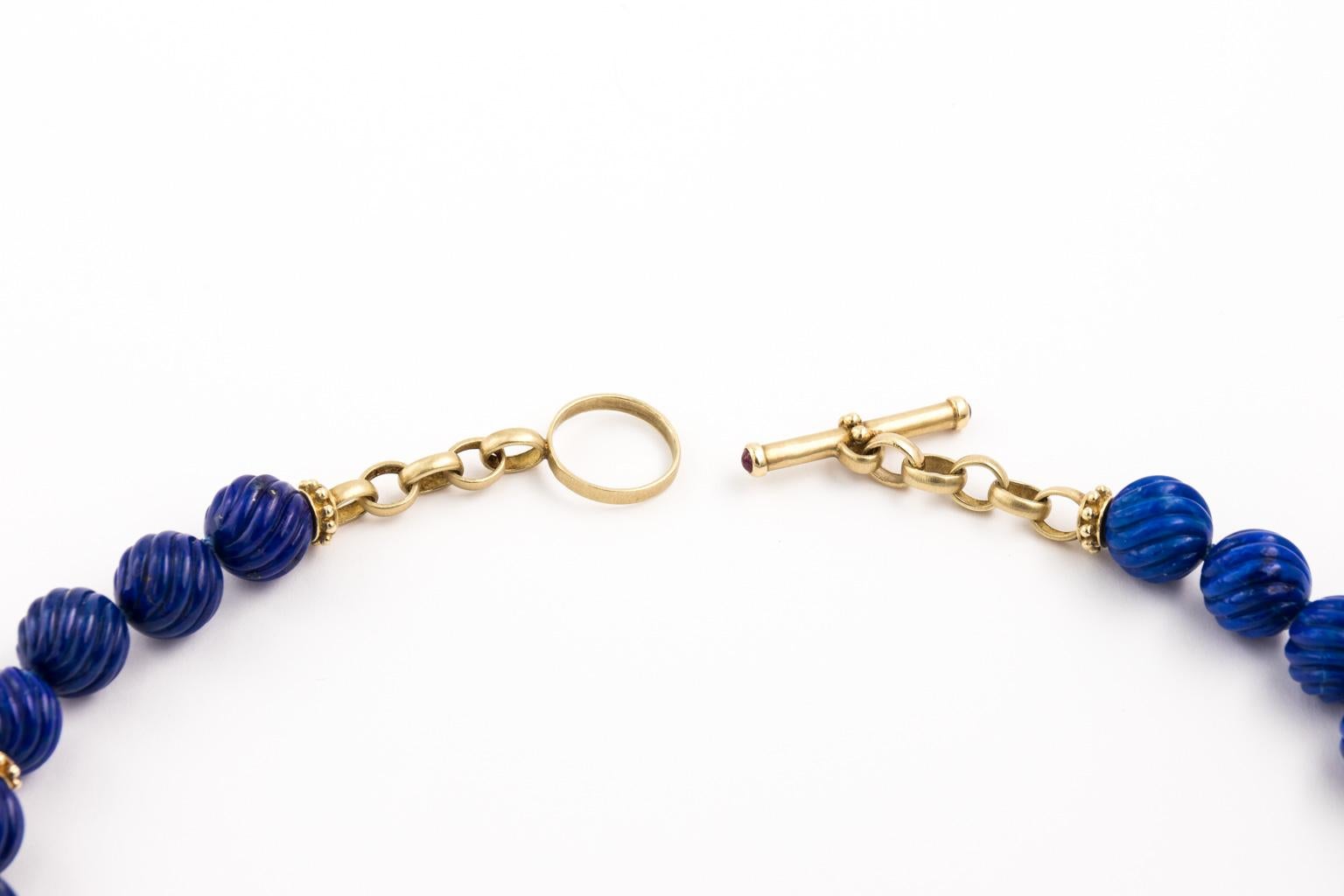 Carved Lapis Lazuli Beads Designer 14 Karat Yellow Gold Toggle Necklace For Sale 2