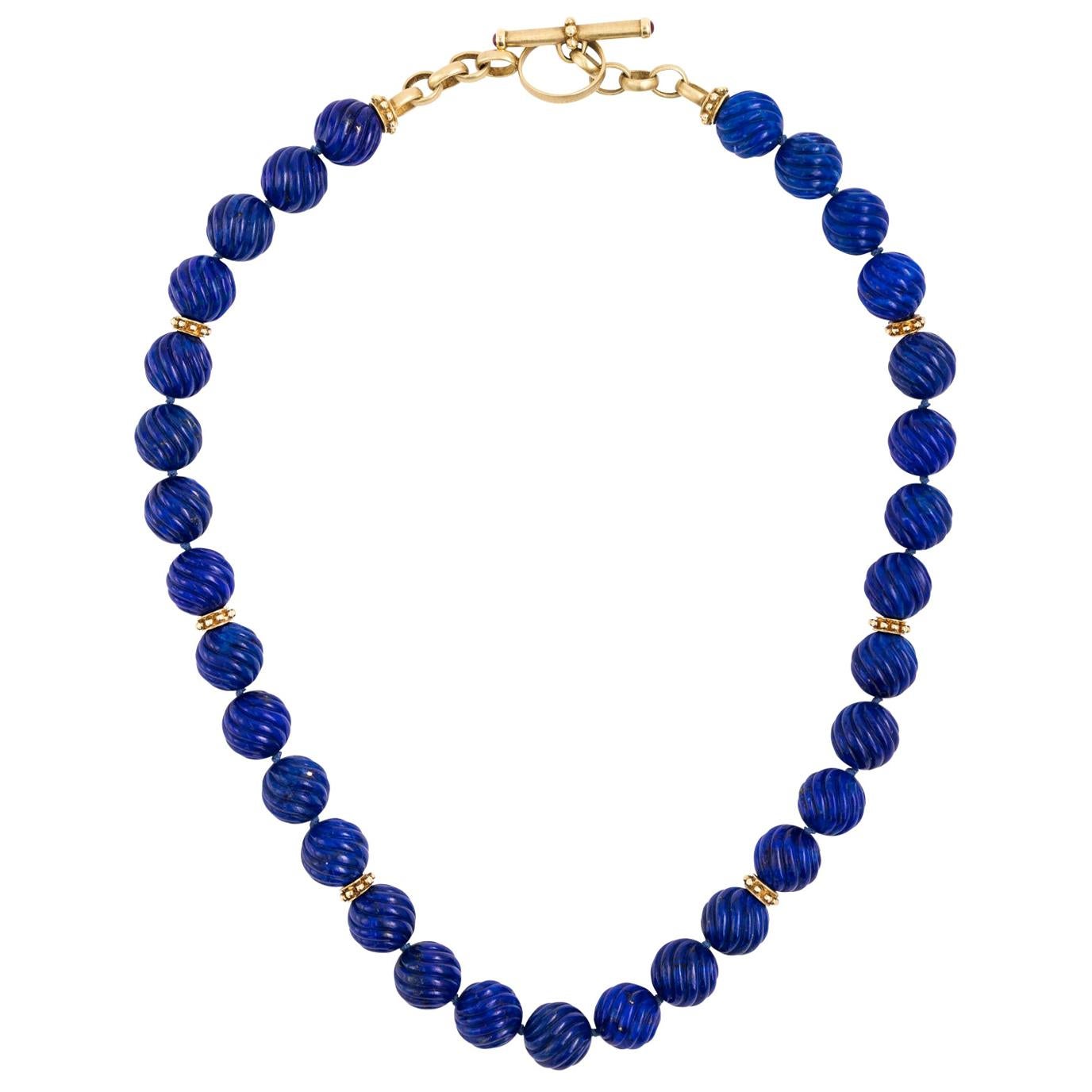 Carved Lapis Lazuli Beads Designer 14 Karat Yellow Gold Toggle Necklace For Sale