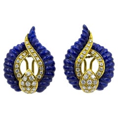 Carved Lapis Lazuli Diamond 18 Karat Yellow Gold Estate Earrings
