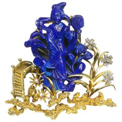Vintage Carved Lapis Lazuli Diamond Midcentury Gold Brooch