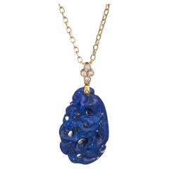 Carved Lapis Lazuli Necklace Diamond Vintage 14k Yellow Gold Estate Fine Jewelry