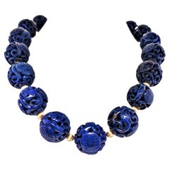 Carved Lapis Lazuli Necklace with 14K Gold Corrugated Beads