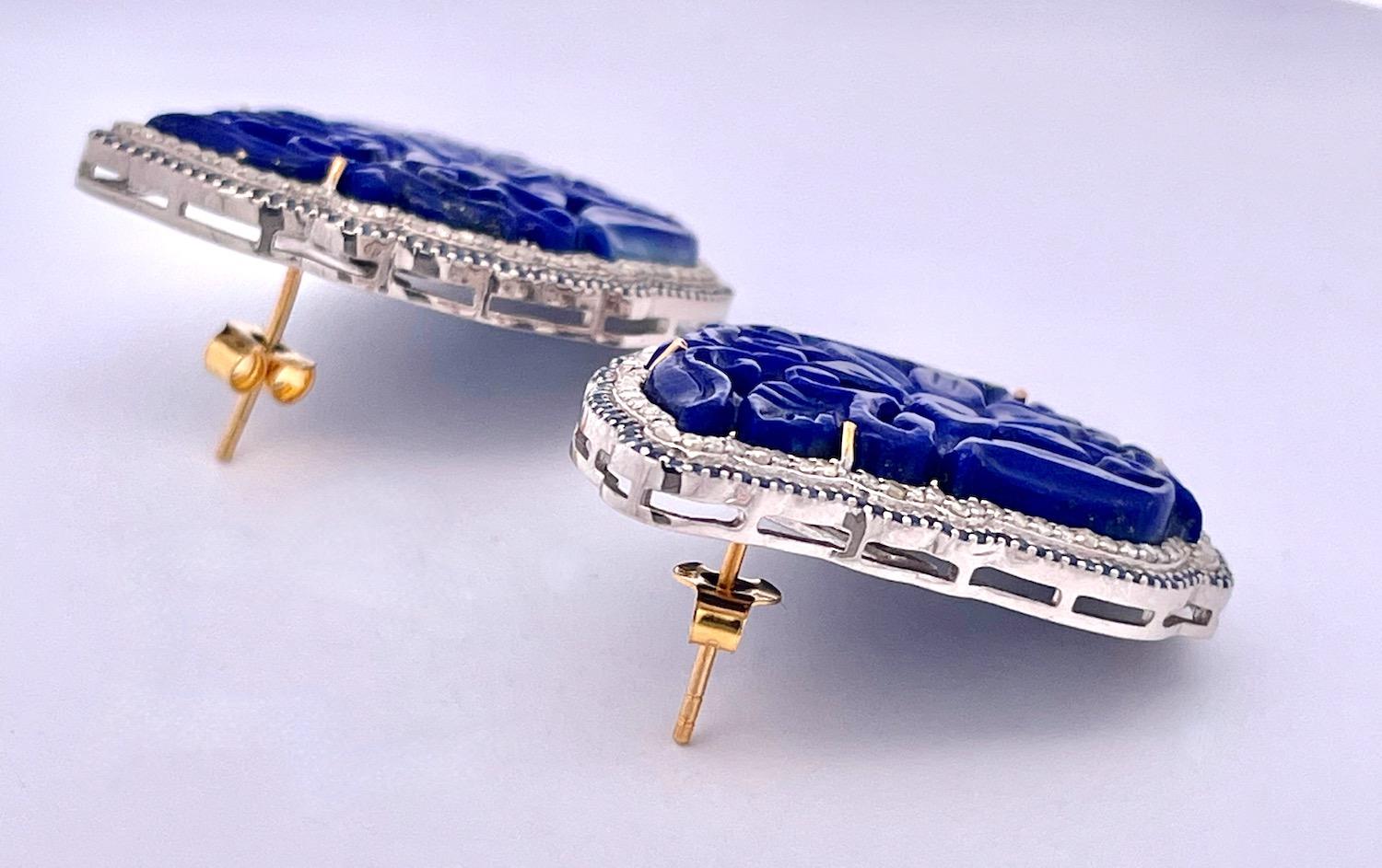 Boucles d'oreilles Pierce en Lapis Lazuli sculpté en vente 4