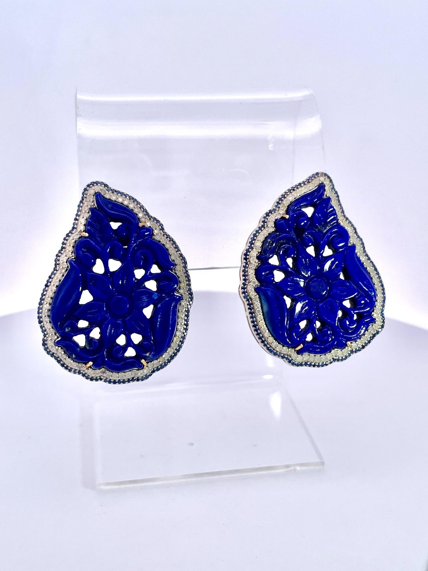 Boucles d'oreilles Pierce en Lapis Lazuli sculpté en vente 6