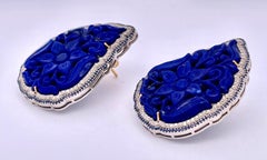 Carved Lapis Lazuli and Diamond Earrings in 14k Gold, USA, 1980s