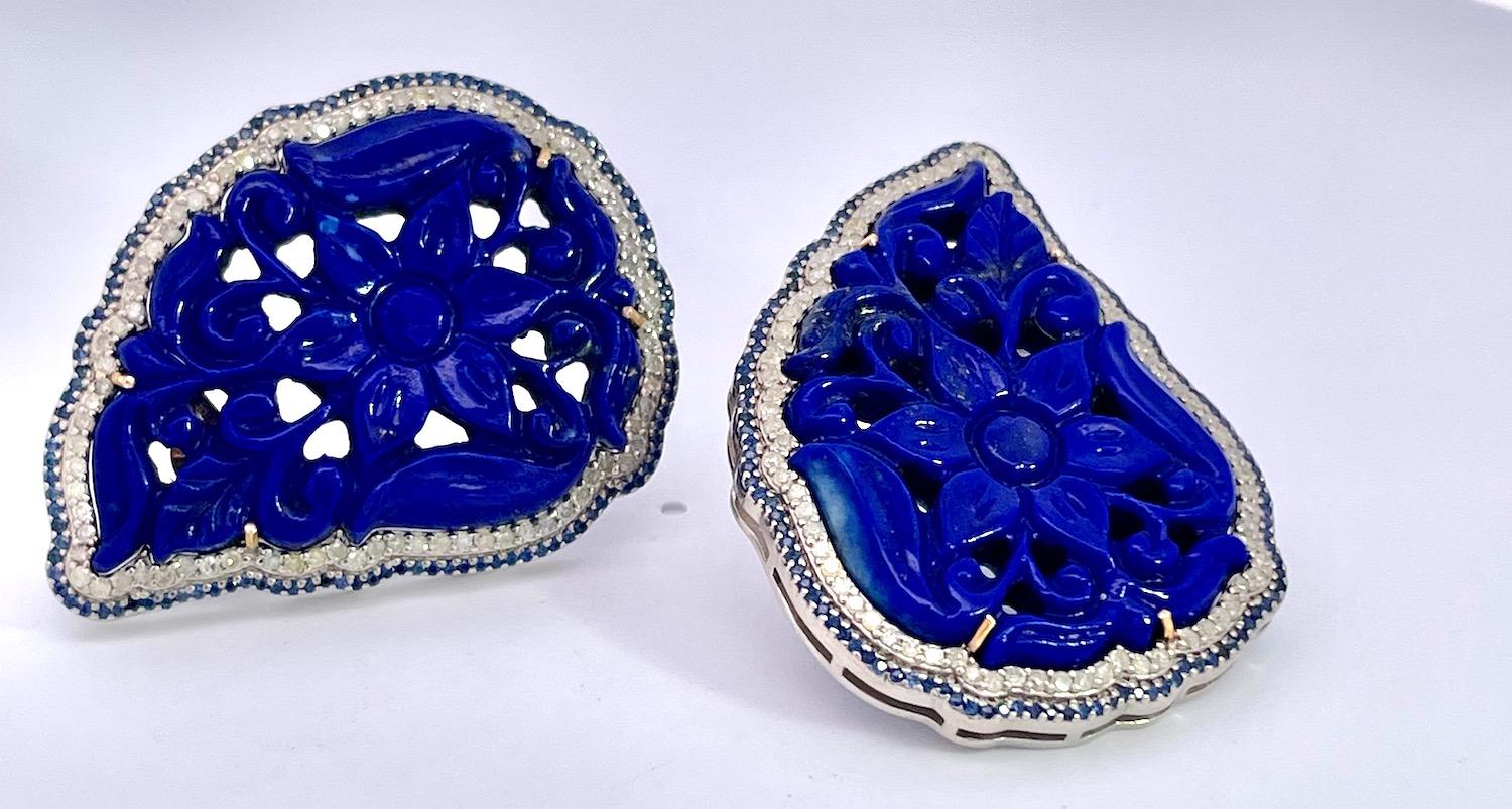 Boucles d'oreilles Pierce en Lapis Lazuli sculpté en vente 1