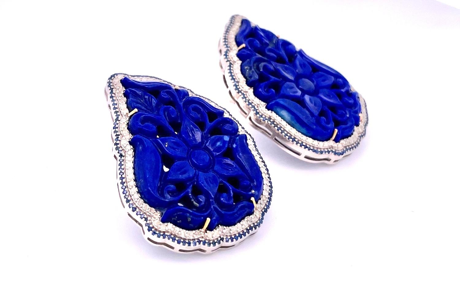 Boucles d'oreilles Pierce en Lapis Lazuli sculpté en vente 2