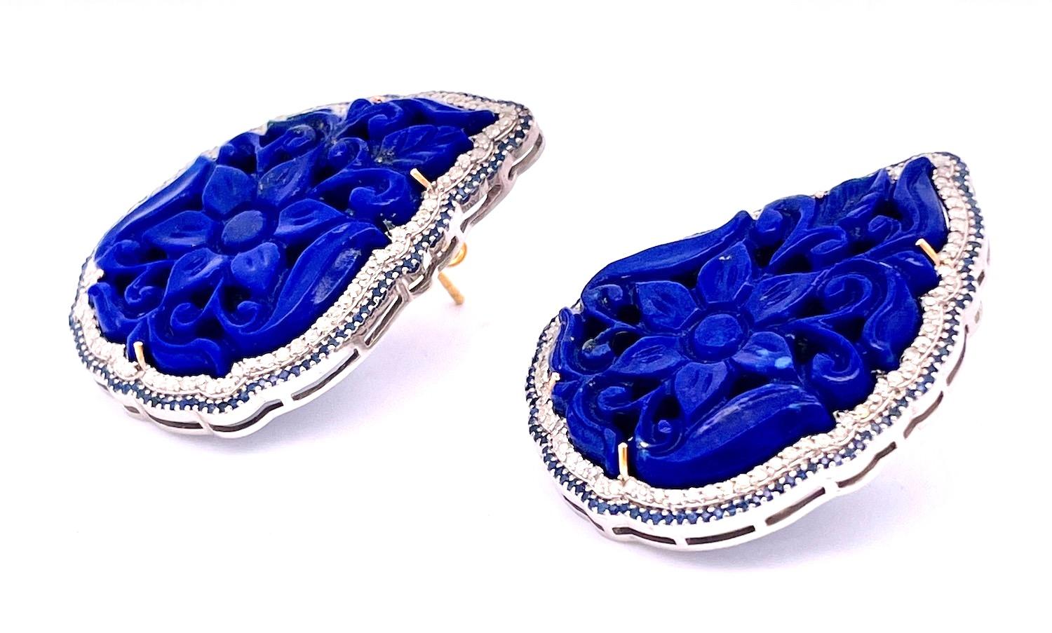 Boucles d'oreilles Pierce en Lapis Lazuli sculpté en vente 3