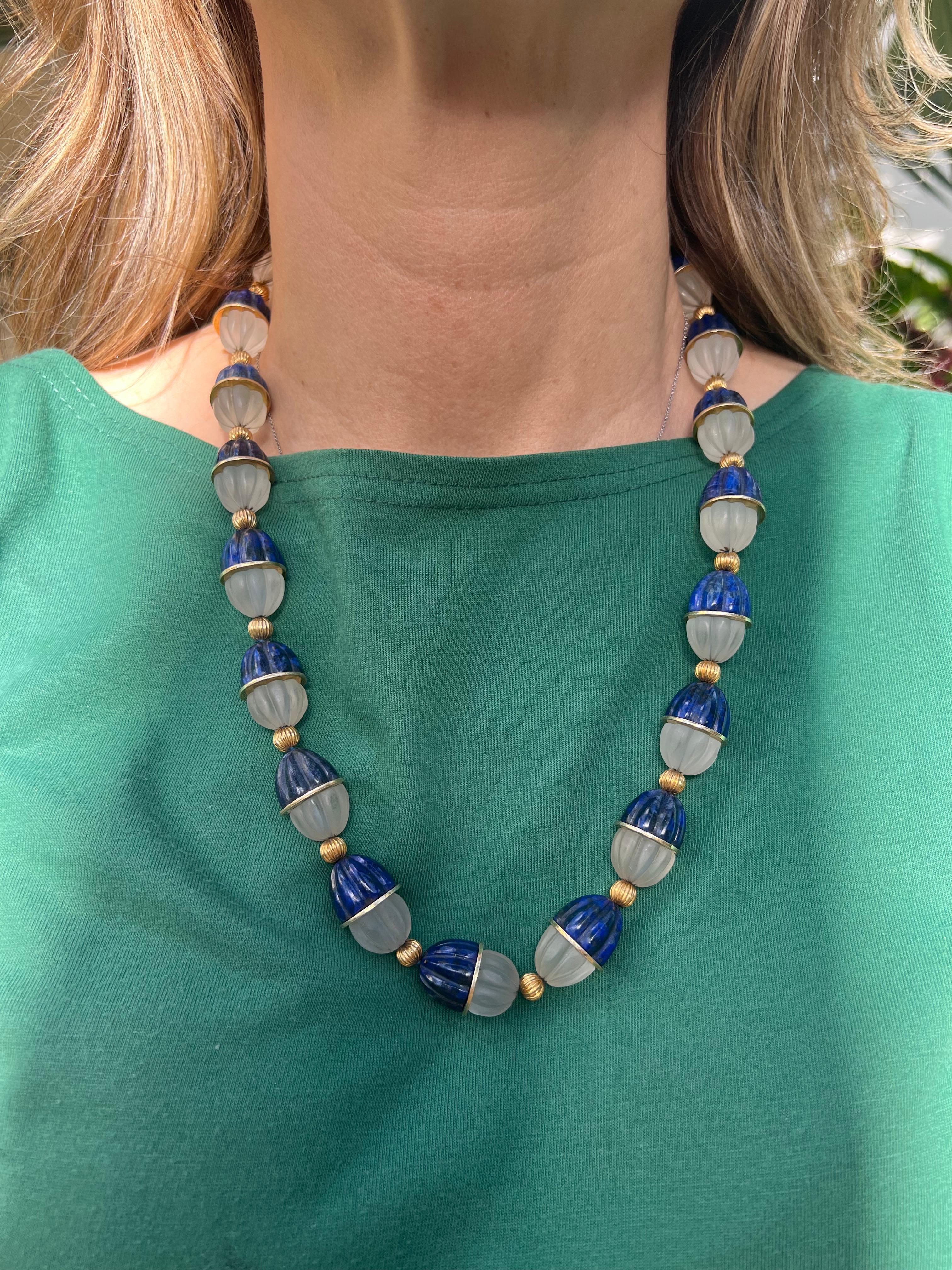 Modern Carved Lapis Lazuli Rock Crystal Gold Bead Necklace For Sale