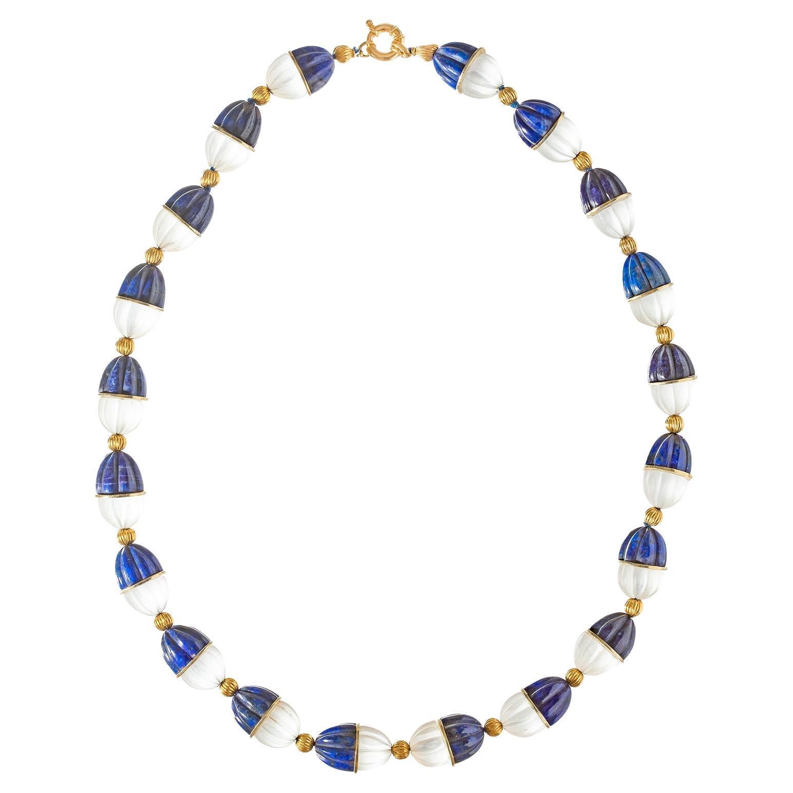 Carved Lapis Lazuli Rock Crystal Gold Bead Necklace For Sale